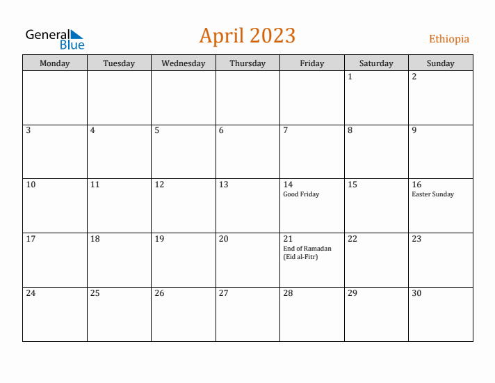 April 2023 Holiday Calendar with Monday Start