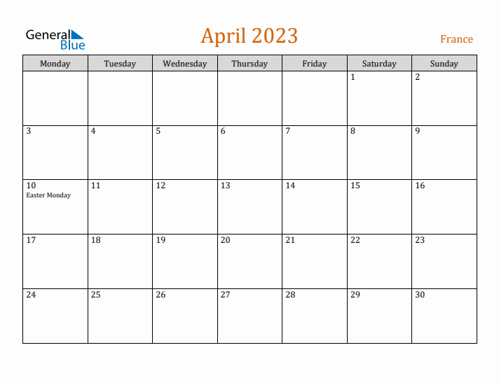 April 2023 Holiday Calendar with Monday Start