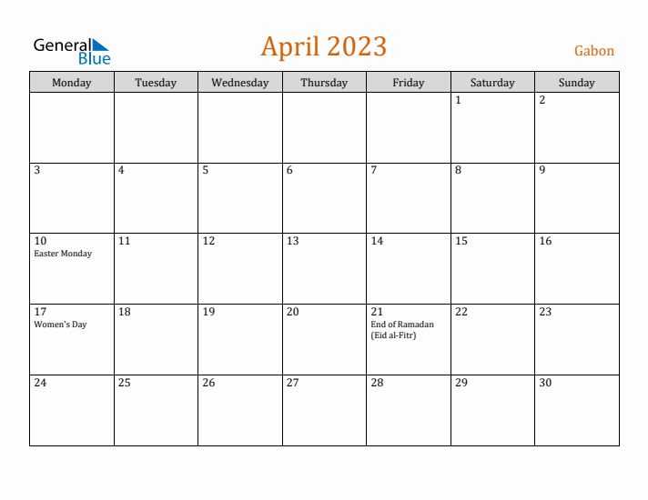 April 2023 Holiday Calendar with Monday Start