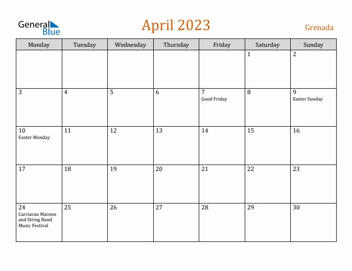 April 2023 Holiday Calendar with Monday Start