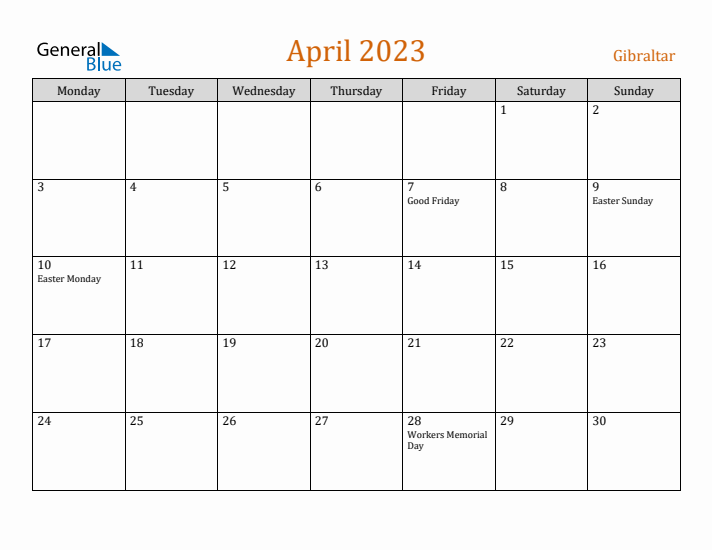 April 2023 Holiday Calendar with Monday Start