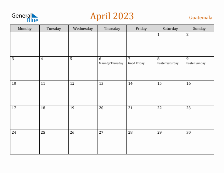 April 2023 Holiday Calendar with Monday Start