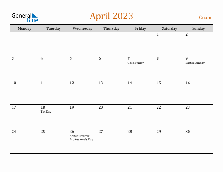 April 2023 Holiday Calendar with Monday Start