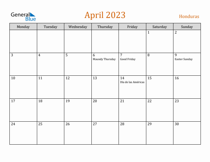 April 2023 Holiday Calendar with Monday Start