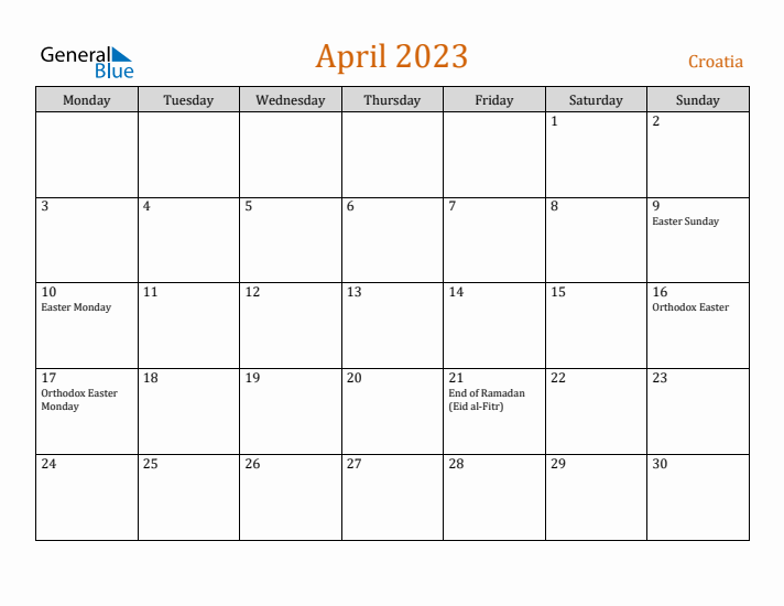 April 2023 Holiday Calendar with Monday Start