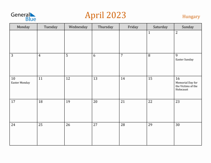 April 2023 Holiday Calendar with Monday Start