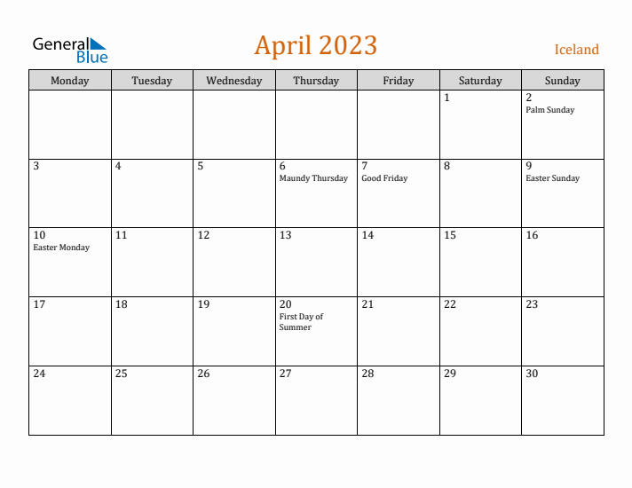 April 2023 Holiday Calendar with Monday Start