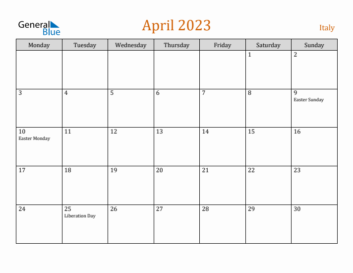 April 2023 Holiday Calendar with Monday Start