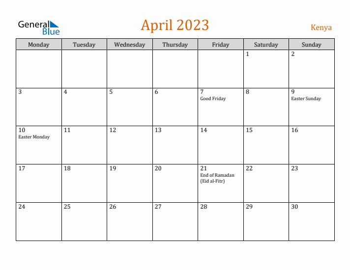 April 2023 Holiday Calendar with Monday Start