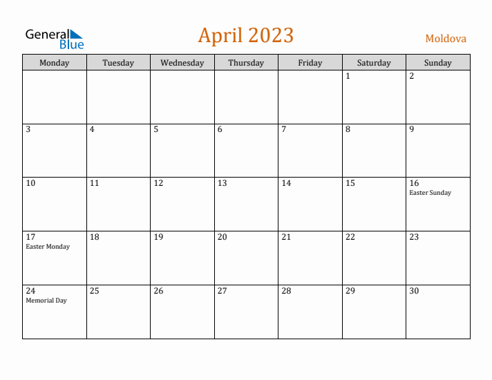 April 2023 Holiday Calendar with Monday Start