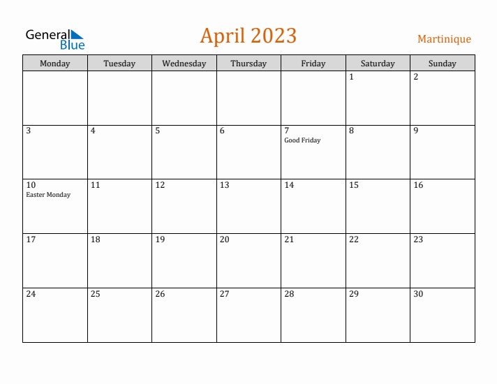 April 2023 Holiday Calendar with Monday Start