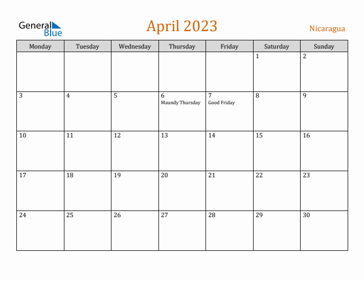 April 2023 Holiday Calendar with Monday Start