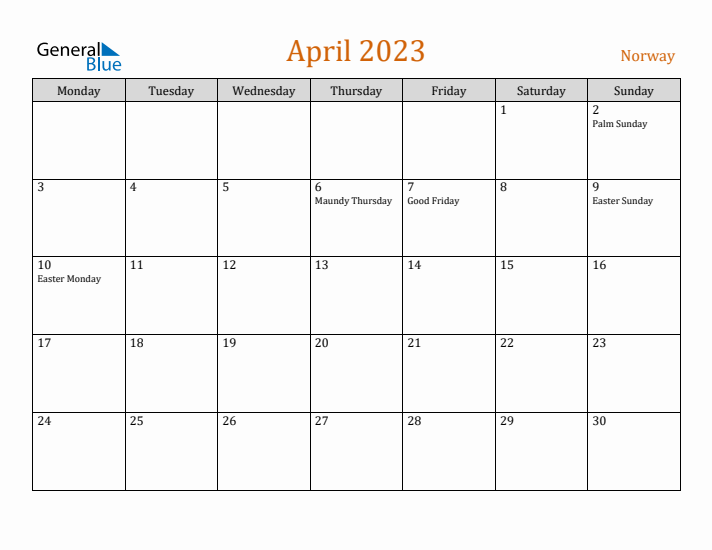 April 2023 Holiday Calendar with Monday Start