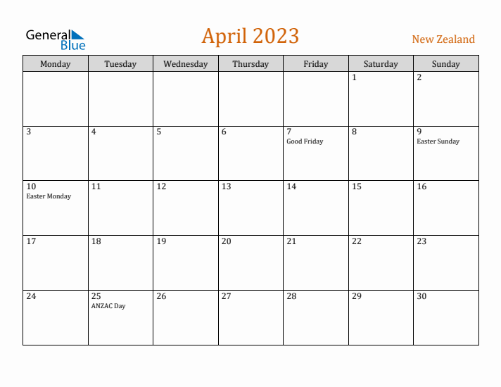 April 2023 Holiday Calendar with Monday Start