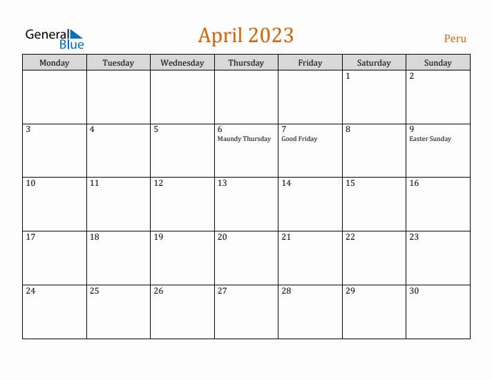 April 2023 Holiday Calendar with Monday Start