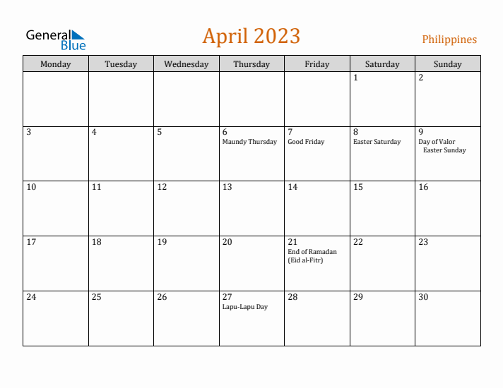 April 2023 Holiday Calendar with Monday Start