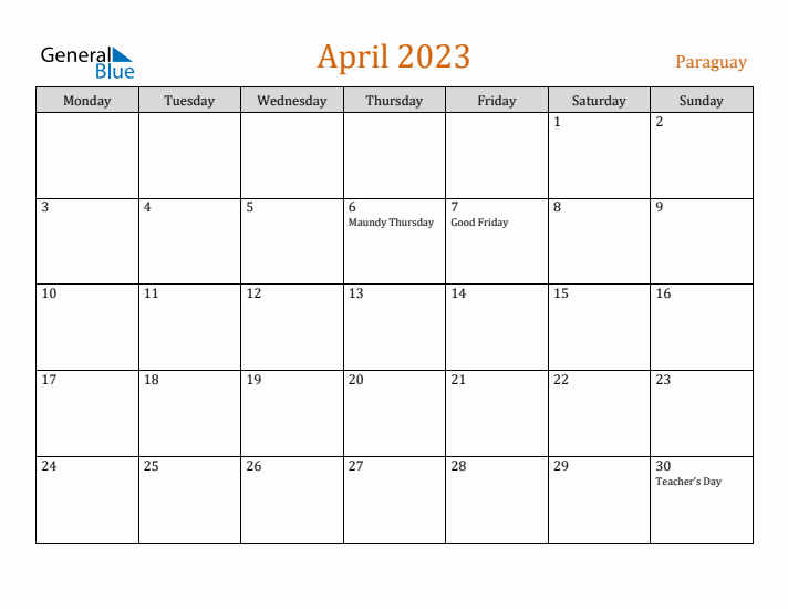 April 2023 Holiday Calendar with Monday Start