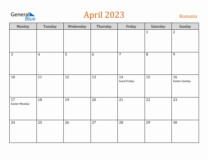 April 2023 Holiday Calendar with Monday Start