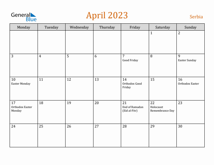 April 2023 Holiday Calendar with Monday Start