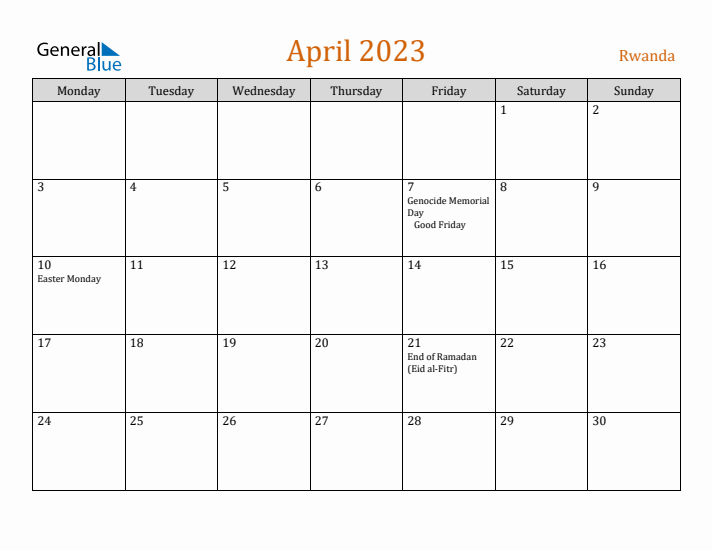 April 2023 Holiday Calendar with Monday Start