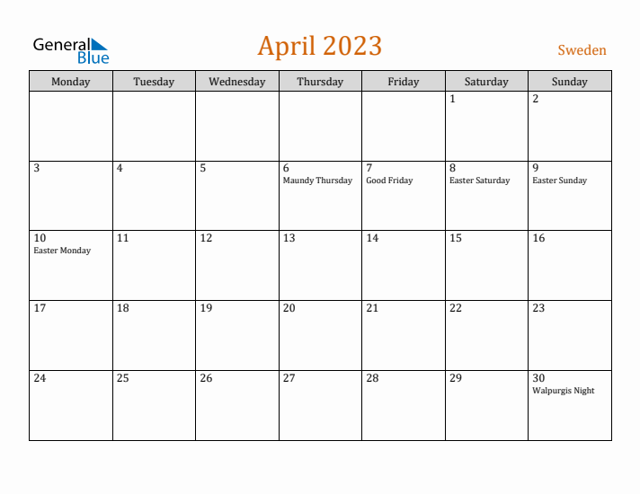 April 2023 Holiday Calendar with Monday Start