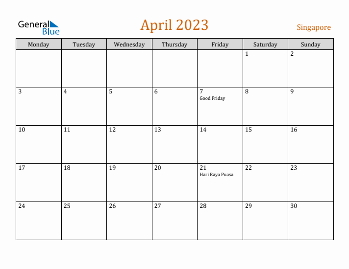 April 2023 Holiday Calendar with Monday Start