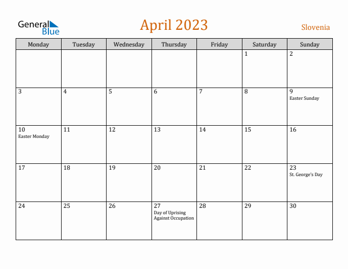 April 2023 Holiday Calendar with Monday Start