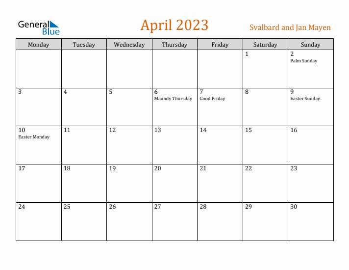 April 2023 Holiday Calendar with Monday Start