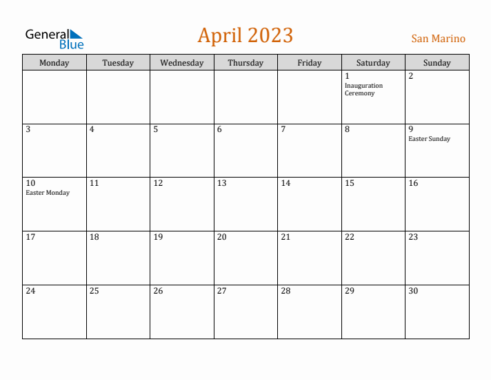 April 2023 Holiday Calendar with Monday Start