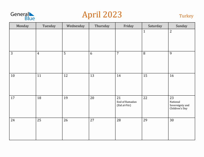 April 2023 Holiday Calendar with Monday Start