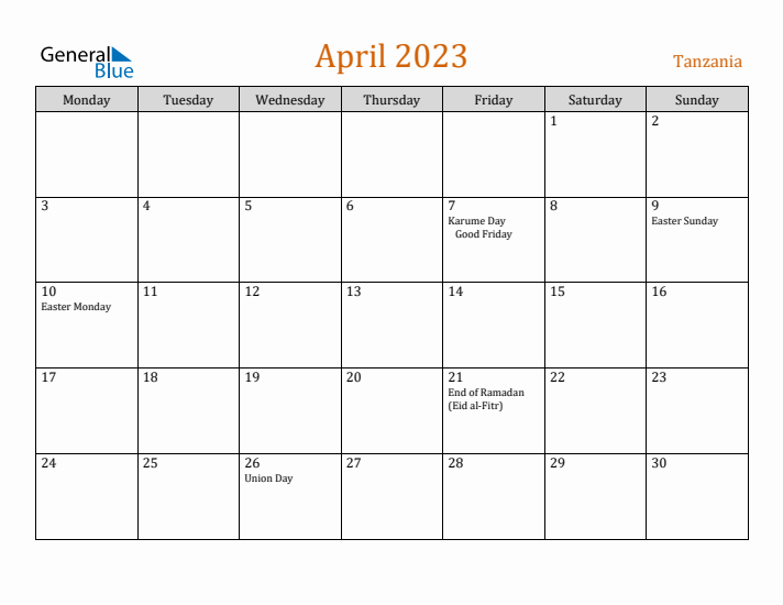 April 2023 Holiday Calendar with Monday Start