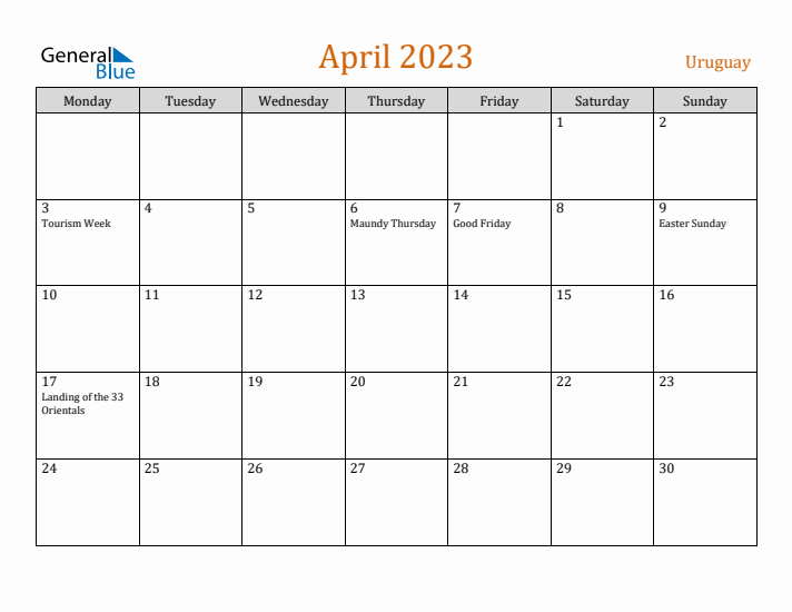 April 2023 Holiday Calendar with Monday Start