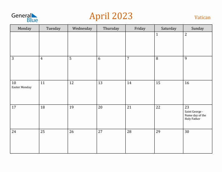 April 2023 Holiday Calendar with Monday Start