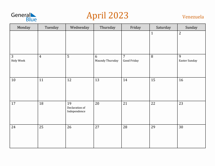 April 2023 Holiday Calendar with Monday Start