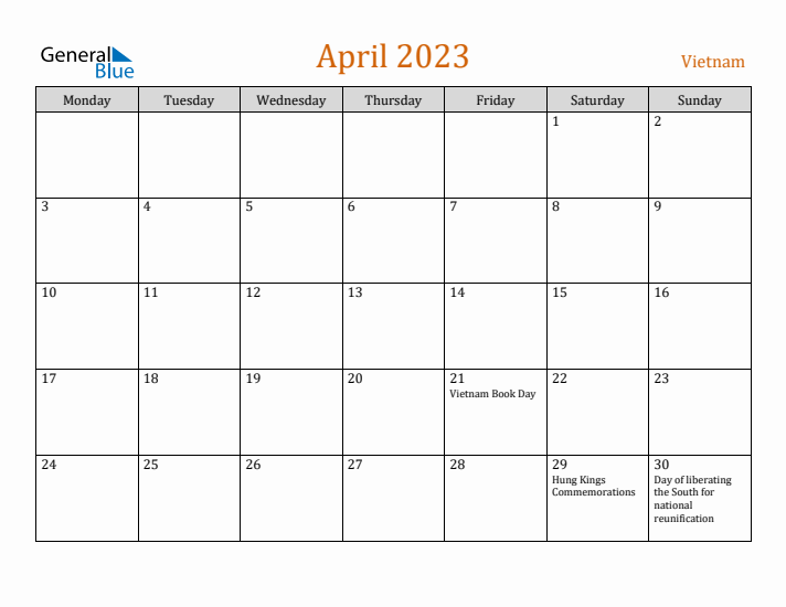 April 2023 Holiday Calendar with Monday Start