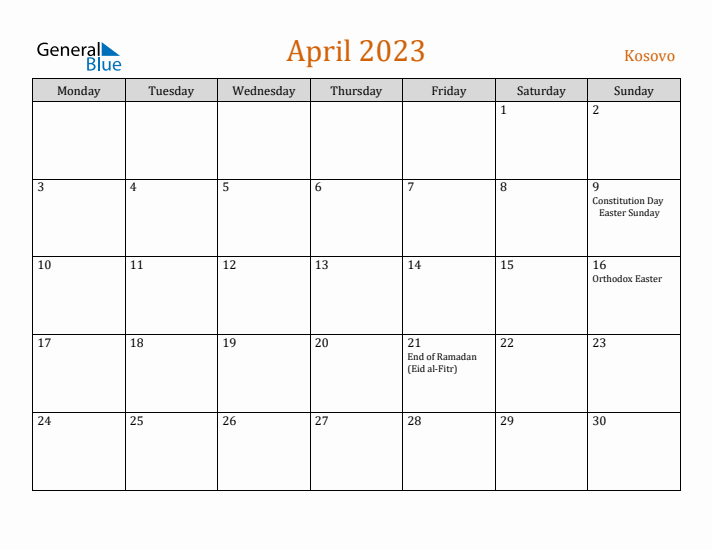 April 2023 Holiday Calendar with Monday Start