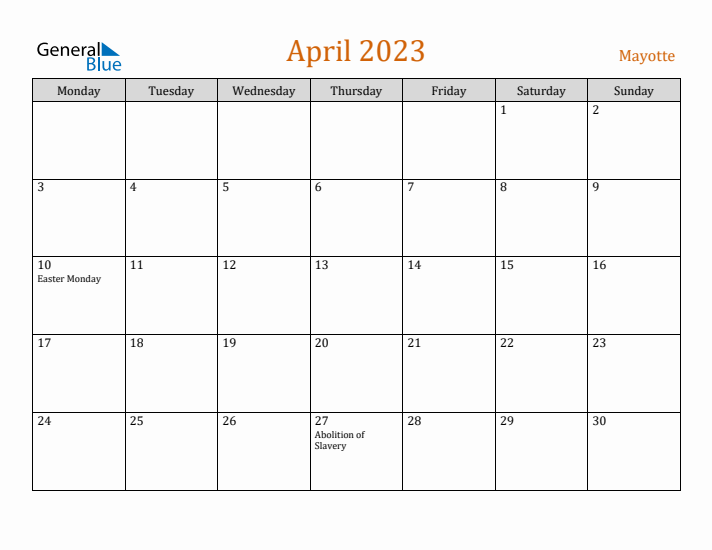 April 2023 Holiday Calendar with Monday Start