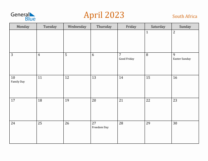 April 2023 Holiday Calendar with Monday Start