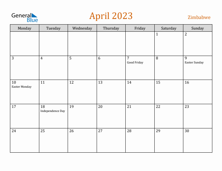 April 2023 Holiday Calendar with Monday Start