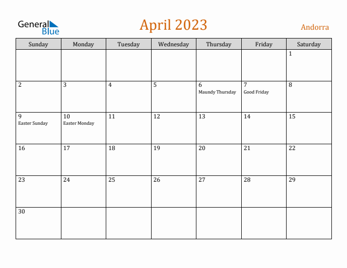 April 2023 Holiday Calendar with Sunday Start