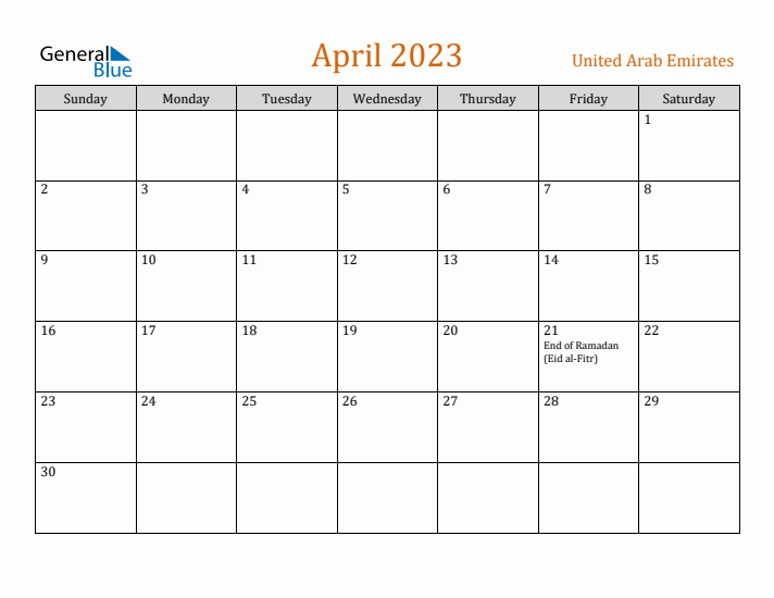 April 2023 Holiday Calendar with Sunday Start