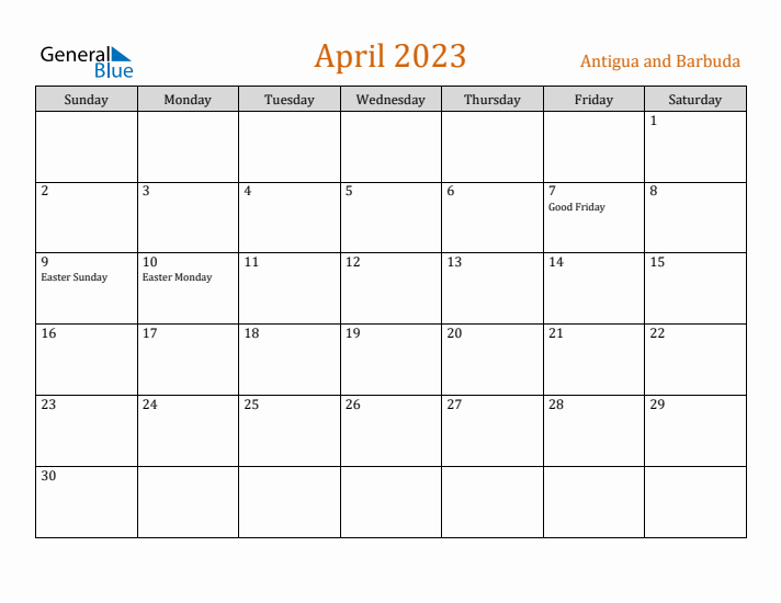 April 2023 Holiday Calendar with Sunday Start