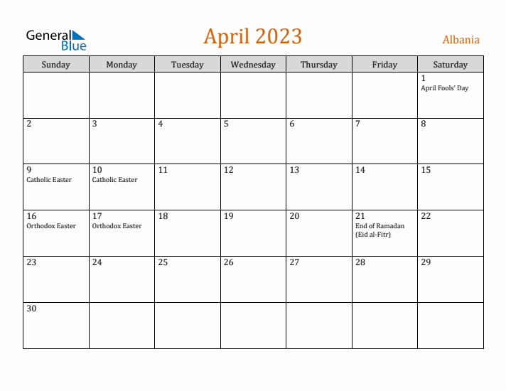 April 2023 Holiday Calendar with Sunday Start