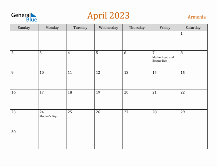 April 2023 Holiday Calendar with Sunday Start