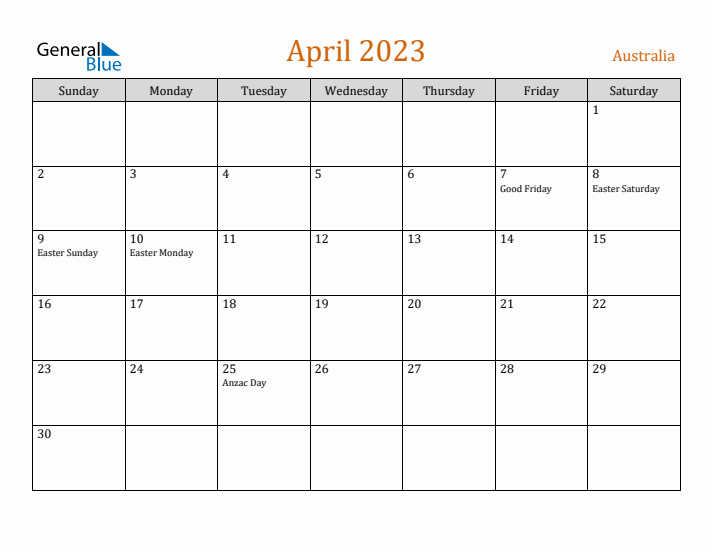 April 2023 Holiday Calendar with Sunday Start