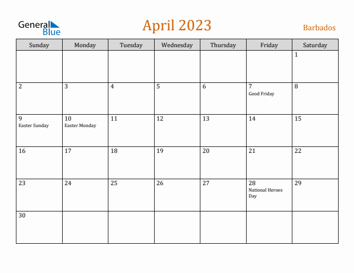 April 2023 Holiday Calendar with Sunday Start