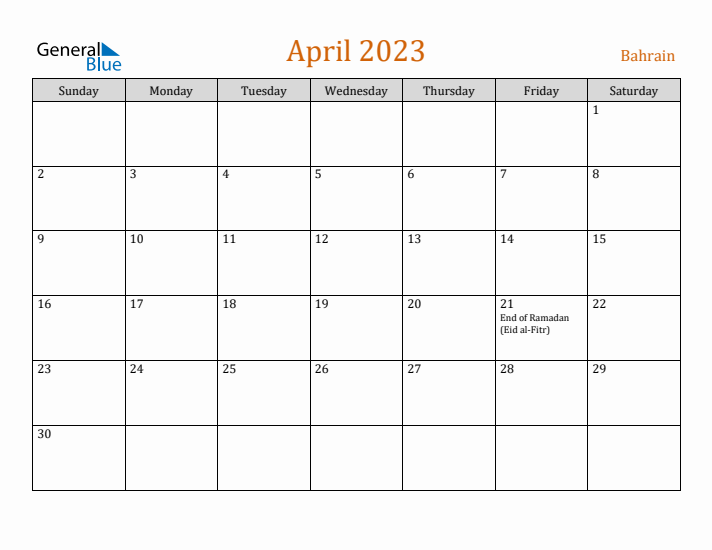 April 2023 Holiday Calendar with Sunday Start