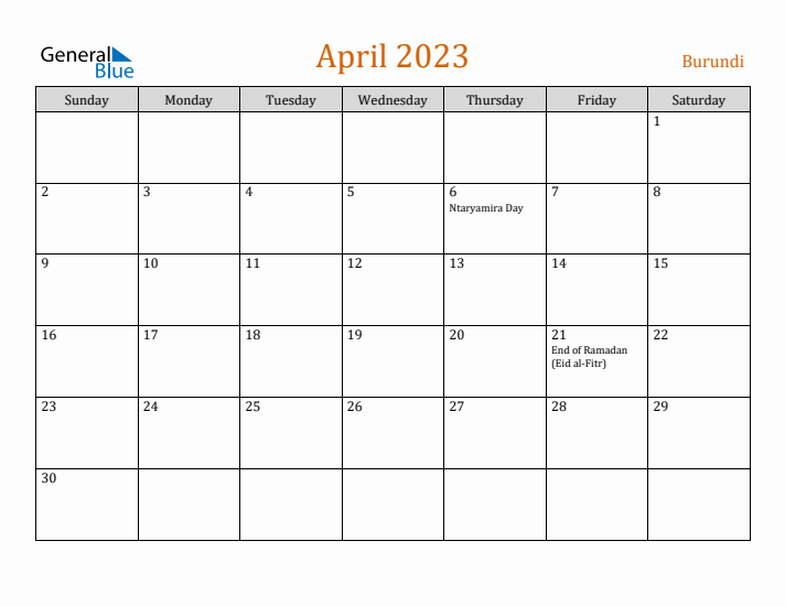 April 2023 Holiday Calendar with Sunday Start