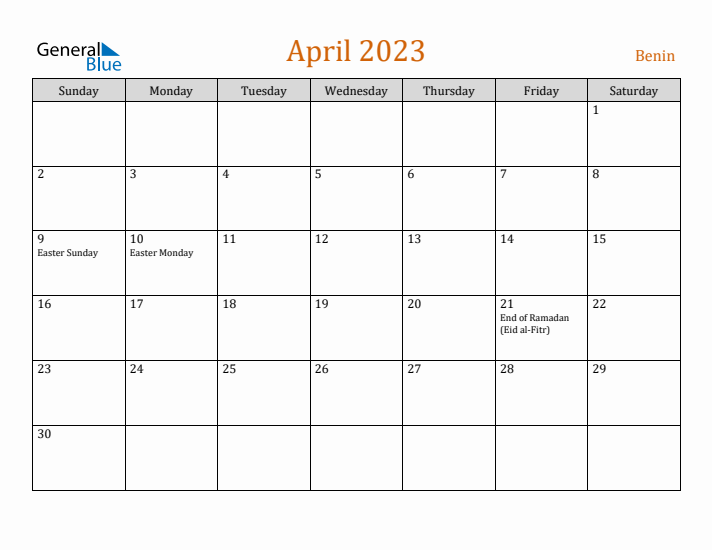 April 2023 Holiday Calendar with Sunday Start