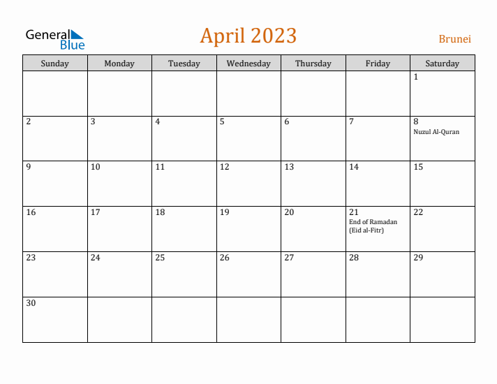 April 2023 Holiday Calendar with Sunday Start